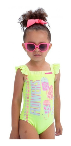 Imagem 1 de 3 de Maiô Infantil Mon Sucré Flower Cream Amarelo Neon 21016