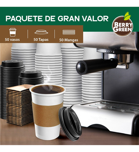 Berry Green 500 vasos desechables para café 16 oz (473 ml) con tapa y manga protectora resistentes sin derrames biodegradables ideales para bebidas calientes
