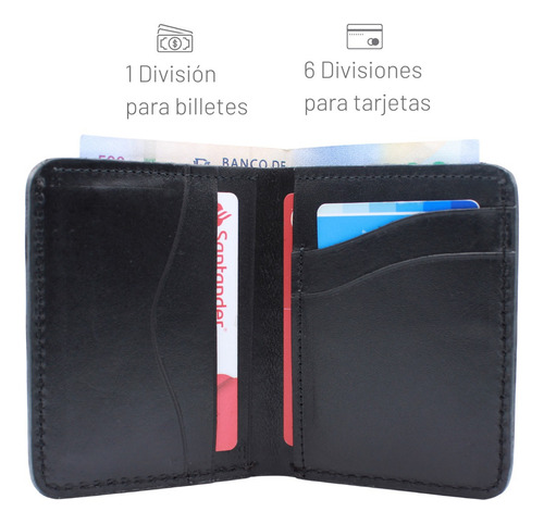 Tarjetero Plegable Cartera Ligera Moderna Piel Genuin Pullup Color Negro