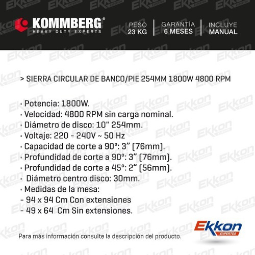 Imagen 2 de 8 de Sierra Circular De Mesa Pie Banco Ingletadora Kommberg 1800w