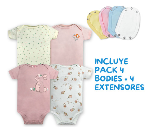 Pack 4 Bodys + 4 Extensores Niña Niño 100% Algodón Tedmimak