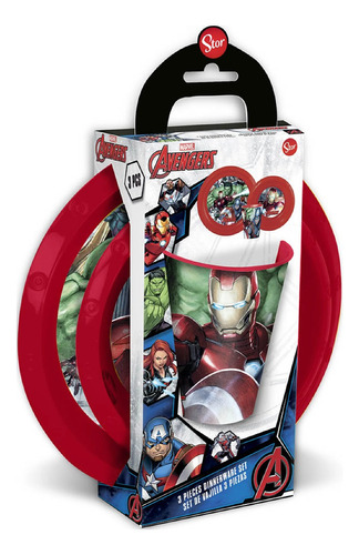 Set X 3 Piezas Bazar Plástico Avengers Vaso Plato Bowl