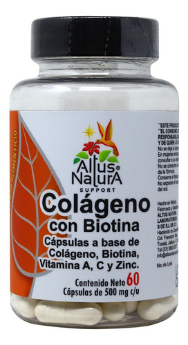 Colágeno Con Biotina C/60 Cápsulas De 500 Mg C/u Altus Sabor Sin Sabor