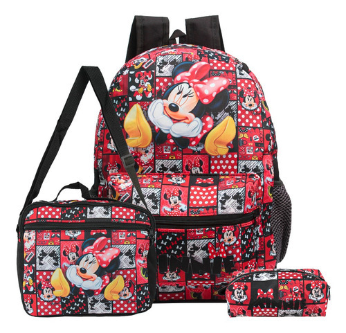 Mochila Escolar Bolsa Da Minnie Mouse Lancheira+estojo Costa Cor Preto Desenho do tecido Disney Mickey Mouse