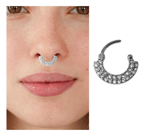 Septum Daith Piercing Con Micro Strass Clicker Acero Quirg. Color Plateado