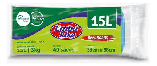 Saco Para Lixo Reforçado 15 Litros C/ 40 Sacos Azul Embalixo Cor Azul-claro