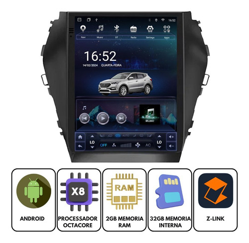 Central Multimídia Tesla Carplay Android P/ Santa Fe 2013/19