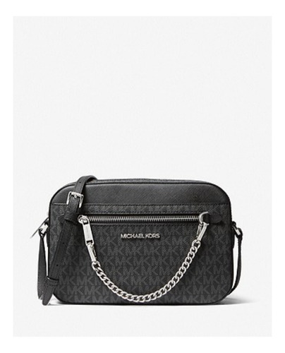 Bolsa tiracolo Michael Kors Jet Set, logotipo médio, preto, prata, acabamento de hardware, tecido de níquel, design MK