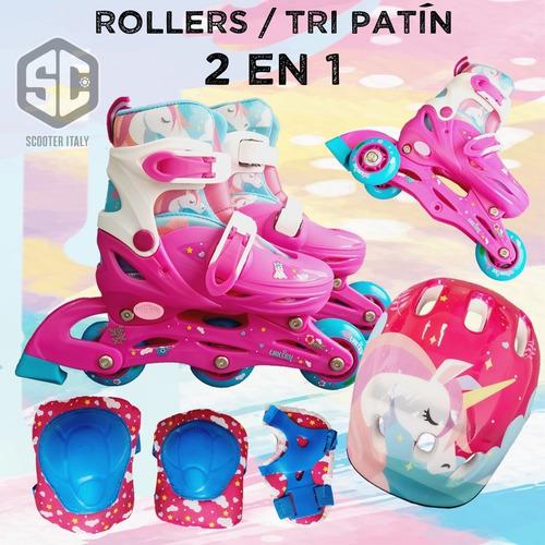 Rollers Patin 2 En 1 Extensibles Unicornio +proteccion Casco