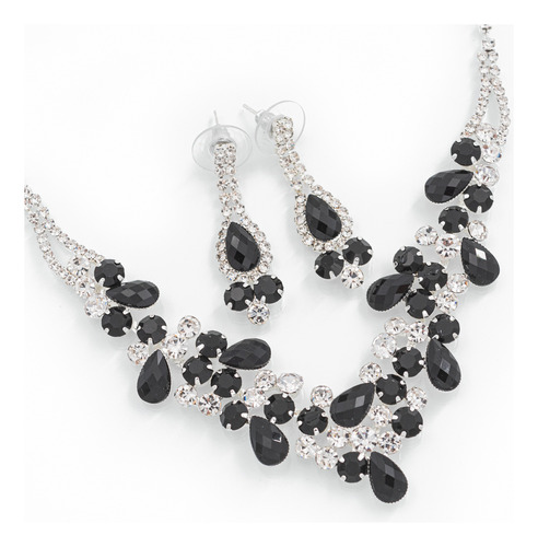 Conjunto Collar Aros Strass Premium Plateado Y Negro 50cm