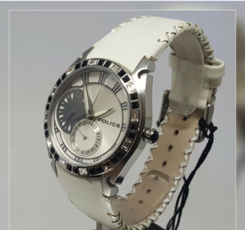 Relógio Feminino Italiano Pulseira Couro Branco C/ Cristais