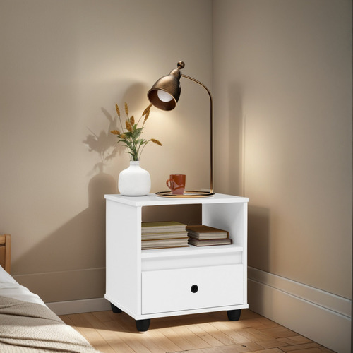 Mesa De Cabeceira Retro Mudo Gaveta Nicho Para Quarto Branco Acabamento Brilhante