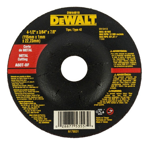 Disco Corte Metal 4-1/2 1/8 7/8  C/reb (dewalt-dw44604)