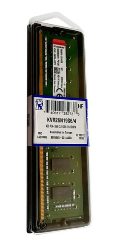 Imagen 1 de 1 de Memoria RAM ValueRAM color verde  4GB 1 Kingston KVR26N19S6/4