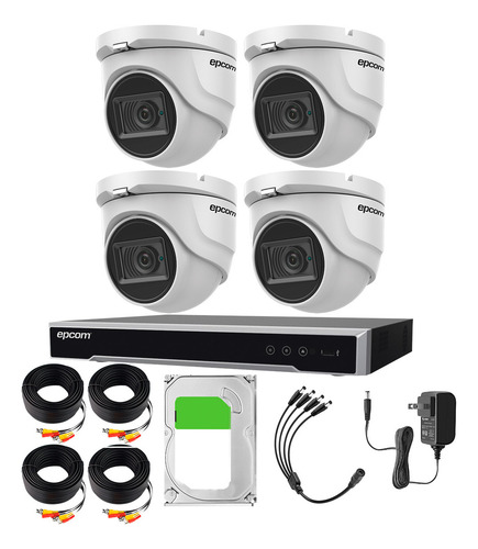 Epcom Kit De 4 Camaras De Seguridad Metalicas Eyeball 8mp Protección Ip66 Para Uso Exterior + Dvr 4ch Turbohd Con Detección De Movimiento Y Salida De Alarma +1tb Hdd Ev8004e4k-plus+1tb-sc