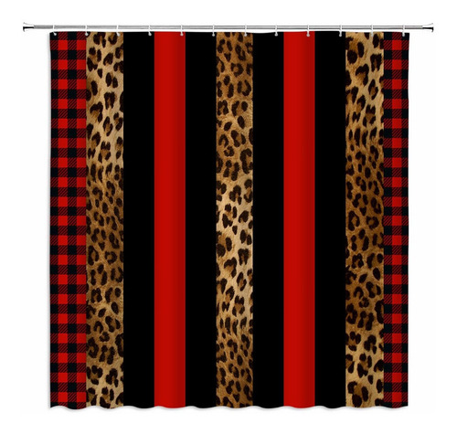 Cortina Ducha Estampado Leopardo Color Rojo Negro Cuadro