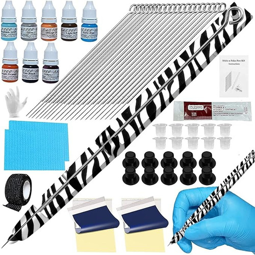 Kit Tatuaje Cebra Handpoke 20 Agujas De Tatuaje 8 Tintas 