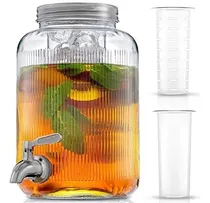 Comprar Dispensador De Bebidas Estriado De 1 Galón. Dispensador De Bebidas De Vidrio Con Espiga De Acero Inoxidable Más Cilindro De Hielo E Infusor De Frutas. Dispensador De Agua, Soporte De Limonada
