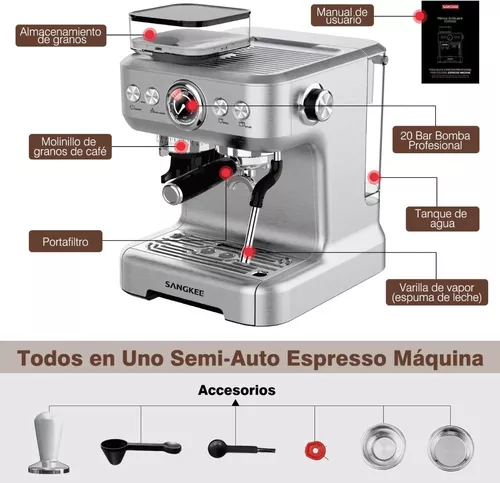 Cafetera con molinillo integrado, molinillo de café y máquina todo en uno,  cafetera de grano a taza, capacidad de 12 a 15 onzas, tecnología de presión