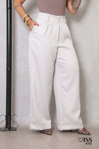 Calça Alfaiataria Social Wide Leg Cintura Alta Com Bolso