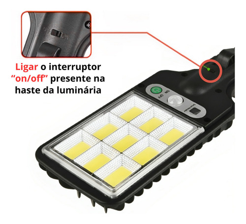 3 X Mini Luminária Solar Poste Parede Refletor 72 Cob Sensor Carcaça Preto Luz Branco-frio