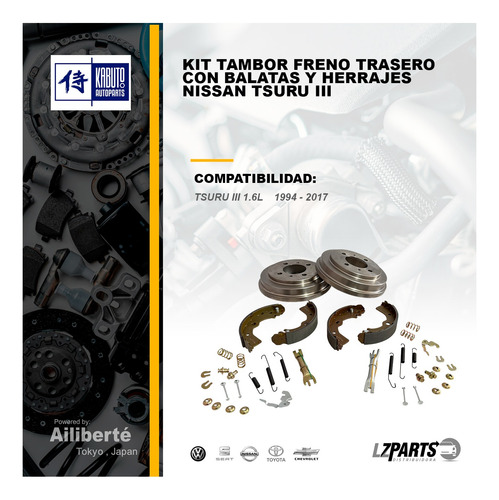 Kit 2 Tambores 4 Balatas Y 2 Herrajes Tsuru 1994 - 2017 1.6l