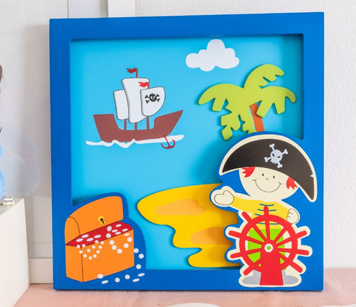 Cuadro Infantil Madera Pirata Con Timon 30x30cm Color Azul Color del armazón Azul marino