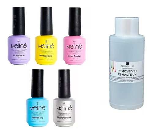 5 Esmaltes Meline Semipermanente Gel + Removedor Uv 500ml