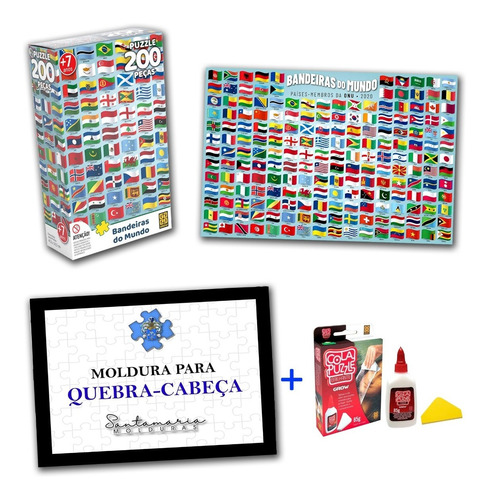 Kit Quebra-cabeça Bandeiras + Moldura + Cola Puzzle Grow