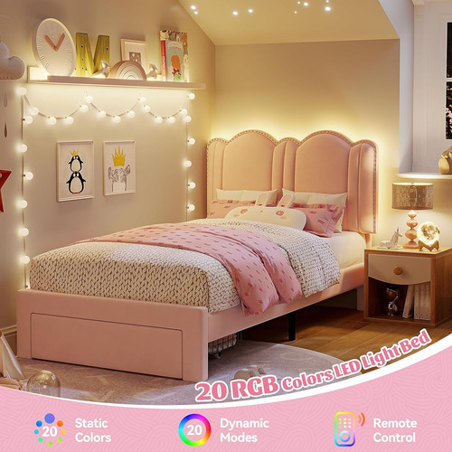Base De Cama C/cajón Y Luces Led Enhomee Individual Rosa