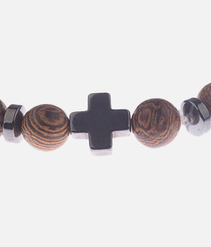 Pulsera De Piedra Natural Con Cruz Acero Brazalete Ajustable Café 17.5 Cm 17.5 Cm