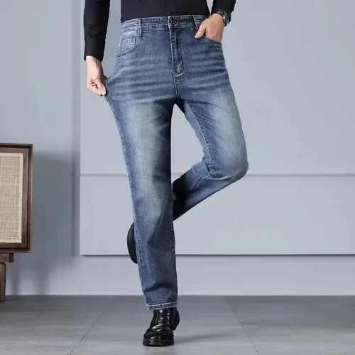 Pantalones Vaqueros Elásticos De Pierna Recta Para Hombre, C