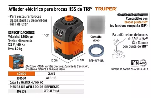 Afilador eléctrico para brocas con punta 118°, Truper