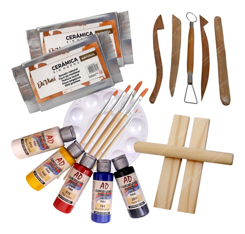 Kit Cerámica Sin Horno, Pinturas Pinceles, Palote Y Regletas