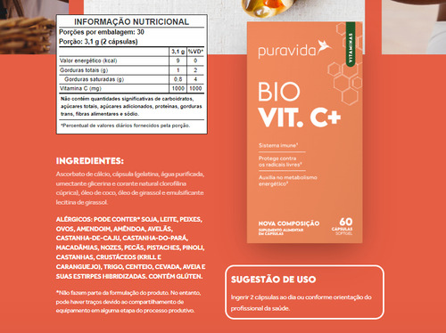 Bio Vit C+ Puravida - 60 Cápsulas - Vitamina C