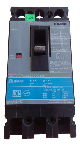 Interruptor Caja Moldeada 3p 100 Amp 600v Siemens Ed63b100mx