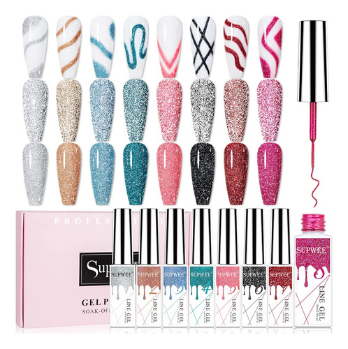 Reflective Painting Gel Liner Nail Art Set, 8 Colors Disco G