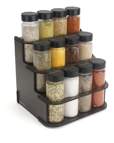 Imagen 1 de 7 de Especiero Condimentero Madera Estante Frasco Tapa Doble X12