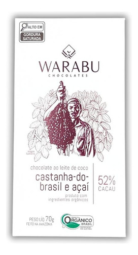 Chocolate Vegano Orgânico Castanha Do E Açaí 52% Cacau 70g