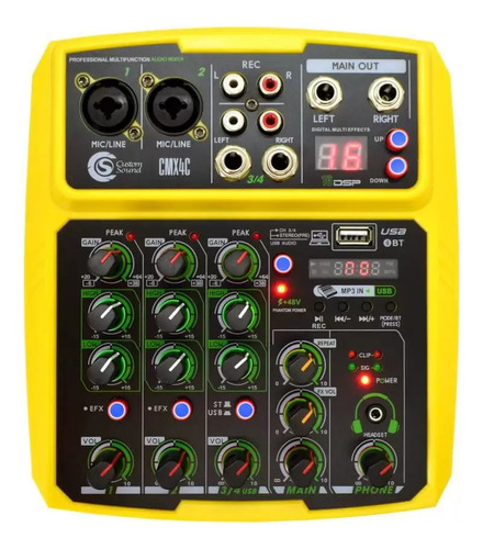 Mixer Amarelo Cmx 4 Canais Bluetooth Phantom Efeito Efx