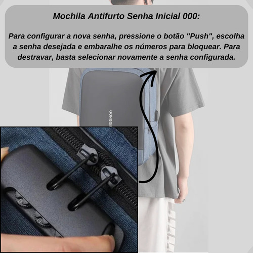 Mochila Azul Antifurto Executiva Com Cadeado Trava Segurança Porta Usb Saída Fone Ouvido Compartimento Notebook Resistente Reforçada Grande Anti Furto Unissex Masculina Feminina Trab
