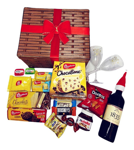 Kit 4 Cesta De Natal Bauducco Grande Vinho Taça Nutella