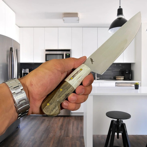 Cuchillo Chef Artesanal Rauka 33cm Con Funda De Cuero Marrón Claro