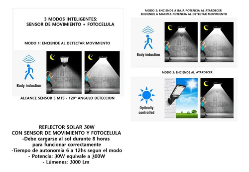 Imagen 4 de 10 de Reflector Solar Led Luminaria Calle 30w Sensor Y Fotocelula