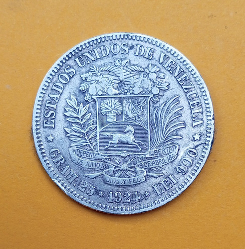 1924 Moneda De 5 Bolívares O Fuerte De Plata. Condición: Xf.