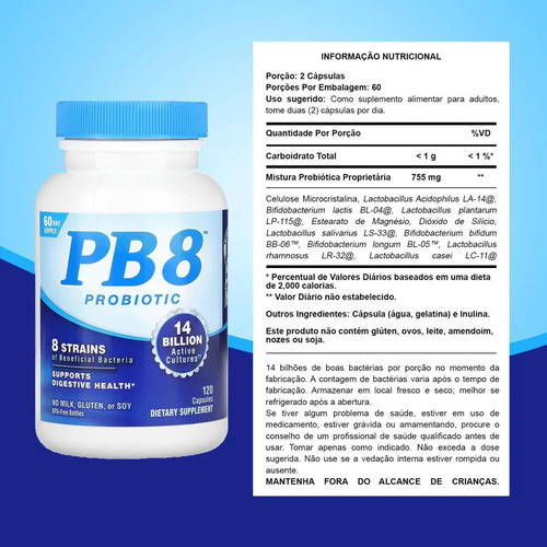 Probiótico Pb8 Multivitaminas 120 Cápsulas Pote