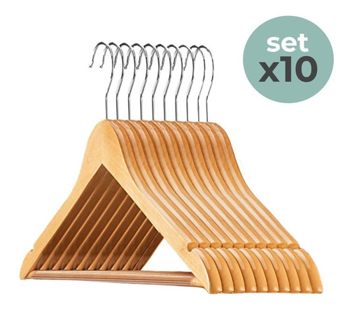 Colgadores De Ropa Madera Set 10 Ganchos Antideslizante Color Natural