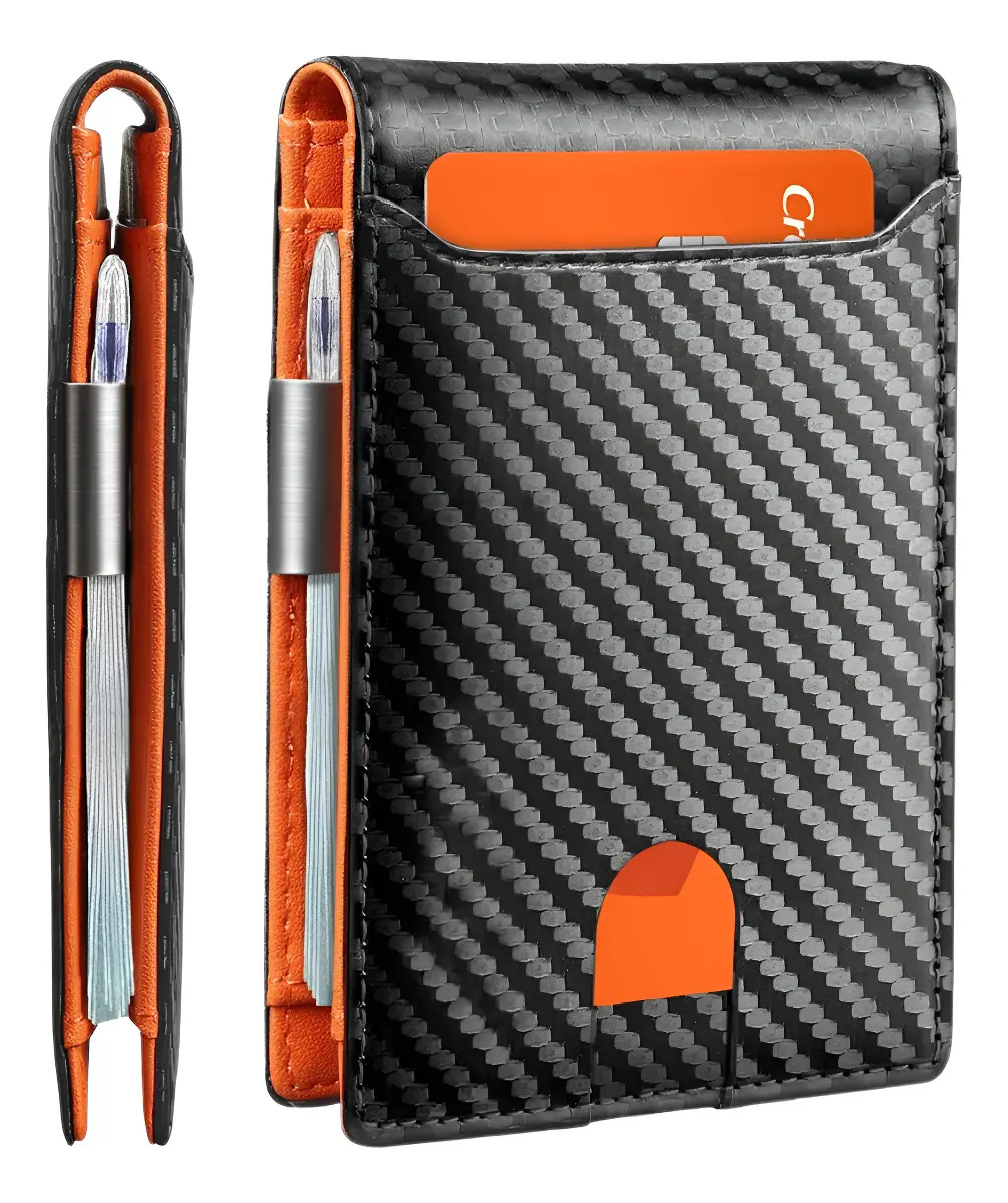 Carteira Masculina Mágica Pequena Slim Antifurto Rfid Luxo Cor Preto Desenho Do Tecido Fibra De Carbono