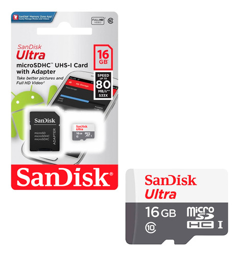 Tarjeta De Memoria Microsd Sandisk 16gb + Adaptador 80mb/s