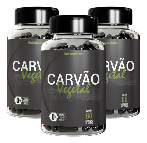 Kit 3 Frascos Carvão Vegetal Ativado Suplemento 180 Cápsulas Sabor Without Flavor